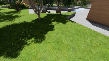 Memleketin peyzaj tasarımının 3 boyutlu görüntüsü. Bölgenin peyzajı. Birleşik peyzaj ve peyzaj çözümlerinin bilgisayar görselleştirmesi.