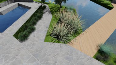 Memleketin peyzaj tasarımının 3 boyutlu görüntüsü. Bölgenin peyzajı. Birleşik peyzaj ve peyzaj çözümlerinin bilgisayar görselleştirmesi.