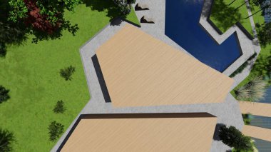 Memleketin peyzaj tasarımının 3 boyutlu görüntüsü. Bölgenin peyzajı. Birleşik peyzaj ve peyzaj çözümlerinin bilgisayar görselleştirmesi.