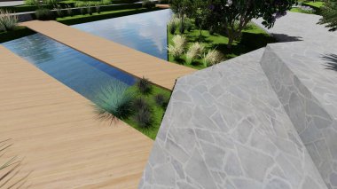 Memleketin peyzaj tasarımının 3 boyutlu görüntüsü. Bölgenin peyzajı. Birleşik peyzaj ve peyzaj çözümlerinin bilgisayar görselleştirmesi.