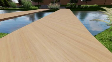 Memleketin peyzaj tasarımının 3 boyutlu görüntüsü. Bölgenin peyzajı. Birleşik peyzaj ve peyzaj çözümlerinin bilgisayar görselleştirmesi.