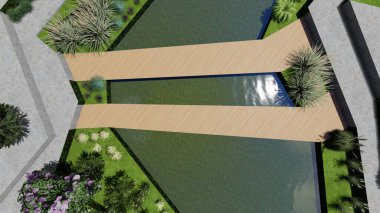 Memleketin peyzaj tasarımının 3 boyutlu görüntüsü. Bölgenin peyzajı. Birleşik peyzaj ve peyzaj çözümlerinin bilgisayar görselleştirmesi.