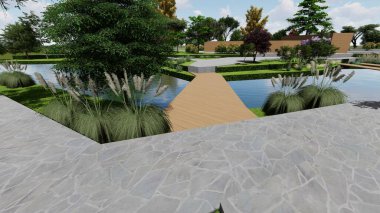 Memleketin peyzaj tasarımının 3 boyutlu görüntüsü. Bölgenin peyzajı. Birleşik peyzaj ve peyzaj çözümlerinin bilgisayar görselleştirmesi.