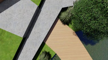 Memleketin peyzaj tasarımının 3 boyutlu görüntüsü. Bölgenin peyzajı. Birleşik peyzaj ve peyzaj çözümlerinin bilgisayar görselleştirmesi.