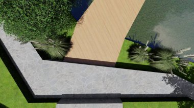 Memleketin peyzaj tasarımının 3 boyutlu görüntüsü. Bölgenin peyzajı. Birleşik peyzaj ve peyzaj çözümlerinin bilgisayar görselleştirmesi.