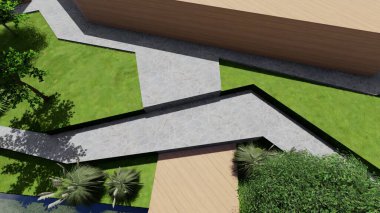 Memleketin peyzaj tasarımının 3 boyutlu görüntüsü. Bölgenin peyzajı. Birleşik peyzaj ve peyzaj çözümlerinin bilgisayar görselleştirmesi.