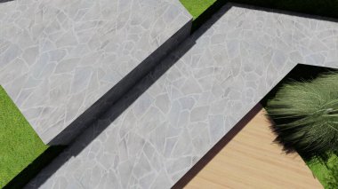 Memleketin peyzaj tasarımının 3 boyutlu görüntüsü. Bölgenin peyzajı. Birleşik peyzaj ve peyzaj çözümlerinin bilgisayar görselleştirmesi.