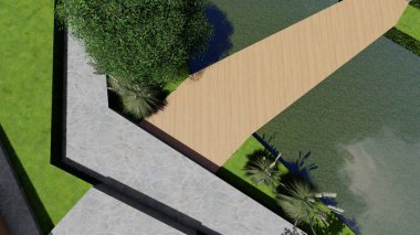 Memleketin peyzaj tasarımının 3 boyutlu görüntüsü. Bölgenin peyzajı. Birleşik peyzaj ve peyzaj çözümlerinin bilgisayar görselleştirmesi.