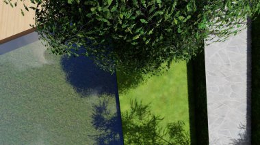 Memleketin peyzaj tasarımının 3 boyutlu görüntüsü. Bölgenin peyzajı. Birleşik peyzaj ve peyzaj çözümlerinin bilgisayar görselleştirmesi.