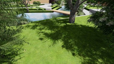 Memleketin peyzaj tasarımının 3 boyutlu görüntüsü. Bölgenin peyzajı. Birleşik peyzaj ve peyzaj çözümlerinin bilgisayar görselleştirmesi.