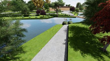 Memleketin peyzaj tasarımının 3 boyutlu görüntüsü. Bölgenin peyzajı. Birleşik peyzaj ve peyzaj çözümlerinin bilgisayar görselleştirmesi.