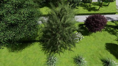 Memleketin peyzaj tasarımının 3 boyutlu görüntüsü. Bölgenin peyzajı. Birleşik peyzaj ve peyzaj çözümlerinin bilgisayar görselleştirmesi.