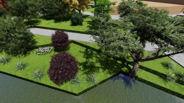 Memleketin peyzaj tasarımının 3 boyutlu görüntüsü. Bölgenin peyzajı. Birleşik peyzaj ve peyzaj çözümlerinin bilgisayar görselleştirmesi.