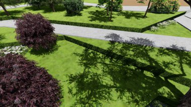 Memleketin peyzaj tasarımının 3 boyutlu görüntüsü. Bölgenin peyzajı. Birleşik peyzaj ve peyzaj çözümlerinin bilgisayar görselleştirmesi.