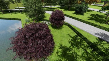 Memleketin peyzaj tasarımının 3 boyutlu görüntüsü. Bölgenin peyzajı. Birleşik peyzaj ve peyzaj çözümlerinin bilgisayar görselleştirmesi.