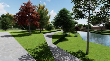 Memleketin peyzaj tasarımının 3 boyutlu görüntüsü. Bölgenin peyzajı. Birleşik peyzaj ve peyzaj çözümlerinin bilgisayar görselleştirmesi.