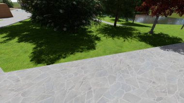 Memleketin peyzaj tasarımının 3 boyutlu görüntüsü. Bölgenin peyzajı. Birleşik peyzaj ve peyzaj çözümlerinin bilgisayar görselleştirmesi.