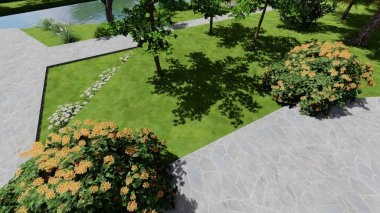 Memleketin peyzaj tasarımının 3 boyutlu görüntüsü. Bölgenin peyzajı. Birleşik peyzaj ve peyzaj çözümlerinin bilgisayar görselleştirmesi.