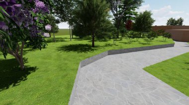 Memleketin peyzaj tasarımının 3 boyutlu görüntüsü. Bölgenin peyzajı. Birleşik peyzaj ve peyzaj çözümlerinin bilgisayar görselleştirmesi.