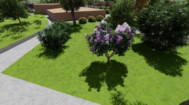 Memleketin peyzaj tasarımının 3 boyutlu görüntüsü. Bölgenin peyzajı. Birleşik peyzaj ve peyzaj çözümlerinin bilgisayar görselleştirmesi.