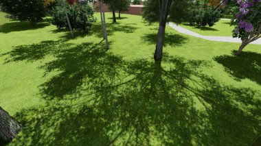 Memleketin peyzaj tasarımının 3 boyutlu görüntüsü. Bölgenin peyzajı. Birleşik peyzaj ve peyzaj çözümlerinin bilgisayar görselleştirmesi.