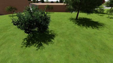 Memleketin peyzaj tasarımının 3 boyutlu görüntüsü. Bölgenin peyzajı. Birleşik peyzaj ve peyzaj çözümlerinin bilgisayar görselleştirmesi.