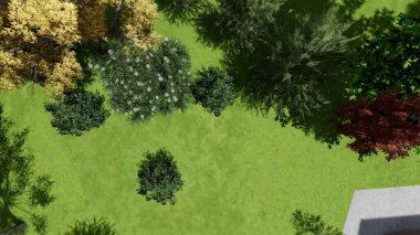 Memleketin peyzaj tasarımının 3 boyutlu görüntüsü. Bölgenin peyzajı. Birleşik peyzaj ve peyzaj çözümlerinin bilgisayar görselleştirmesi.