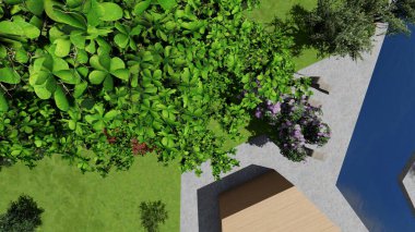 Memleketin peyzaj tasarımının 3 boyutlu görüntüsü. Bölgenin peyzajı. Birleşik peyzaj ve peyzaj çözümlerinin bilgisayar görselleştirmesi.