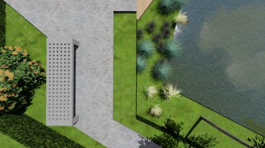 Memleketin peyzaj tasarımının 3 boyutlu görüntüsü. Bölgenin peyzajı. Birleşik peyzaj ve peyzaj çözümlerinin bilgisayar görselleştirmesi.