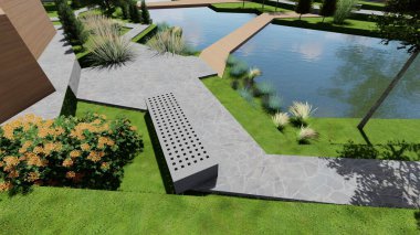 Memleketin peyzaj tasarımının 3 boyutlu görüntüsü. Bölgenin peyzajı. Birleşik peyzaj ve peyzaj çözümlerinin bilgisayar görselleştirmesi.