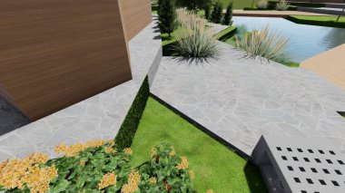 Memleketin peyzaj tasarımının 3 boyutlu görüntüsü. Bölgenin peyzajı. Birleşik peyzaj ve peyzaj çözümlerinin bilgisayar görselleştirmesi.