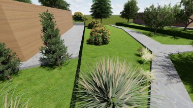 Memleketin peyzaj tasarımının 3 boyutlu görüntüsü. Bölgenin peyzajı. Birleşik peyzaj ve peyzaj çözümlerinin bilgisayar görselleştirmesi.