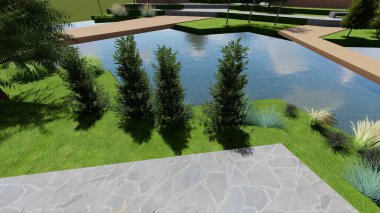 Memleketin peyzaj tasarımının 3 boyutlu görüntüsü. Bölgenin peyzajı. Birleşik peyzaj ve peyzaj çözümlerinin bilgisayar görselleştirmesi.