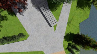 Memleketin peyzaj tasarımının 3 boyutlu görüntüsü. Bölgenin peyzajı. Birleşik peyzaj ve peyzaj çözümlerinin bilgisayar görselleştirmesi.