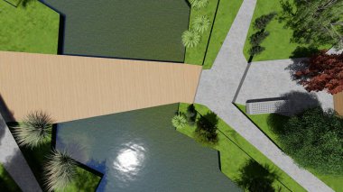 Memleketin peyzaj tasarımının 3 boyutlu görüntüsü. Bölgenin peyzajı. Birleşik peyzaj ve peyzaj çözümlerinin bilgisayar görselleştirmesi.