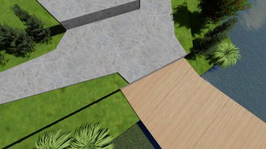 Memleketin peyzaj tasarımının 3 boyutlu görüntüsü. Bölgenin peyzajı. Birleşik peyzaj ve peyzaj çözümlerinin bilgisayar görselleştirmesi.