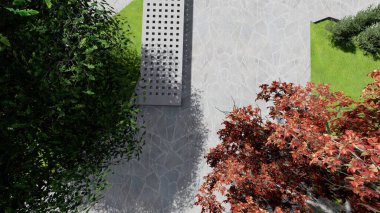 Memleketin peyzaj tasarımının 3 boyutlu görüntüsü. Bölgenin peyzajı. Birleşik peyzaj ve peyzaj çözümlerinin bilgisayar görselleştirmesi.