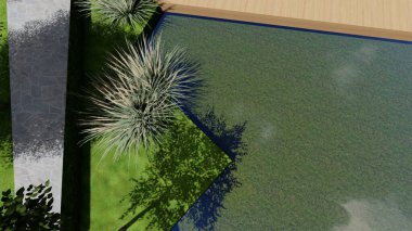 Memleketin peyzaj tasarımının 3 boyutlu görüntüsü. Bölgenin peyzajı. Birleşik peyzaj ve peyzaj çözümlerinin bilgisayar görselleştirmesi.