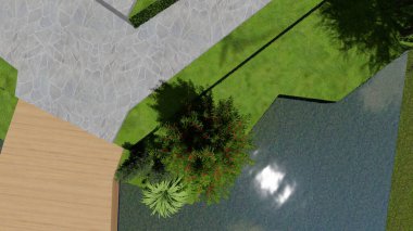 Memleketin peyzaj tasarımının 3 boyutlu görüntüsü. Bölgenin peyzajı. Birleşik peyzaj ve peyzaj çözümlerinin bilgisayar görselleştirmesi.