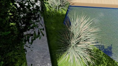 Memleketin peyzaj tasarımının 3 boyutlu görüntüsü. Bölgenin peyzajı. Birleşik peyzaj ve peyzaj çözümlerinin bilgisayar görselleştirmesi.