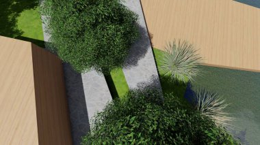 Memleketin peyzaj tasarımının 3 boyutlu görüntüsü. Bölgenin peyzajı. Birleşik peyzaj ve peyzaj çözümlerinin bilgisayar görselleştirmesi.