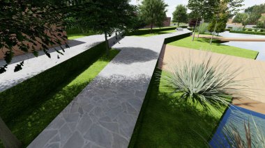 Memleketin peyzaj tasarımının 3 boyutlu görüntüsü. Bölgenin peyzajı. Birleşik peyzaj ve peyzaj çözümlerinin bilgisayar görselleştirmesi.