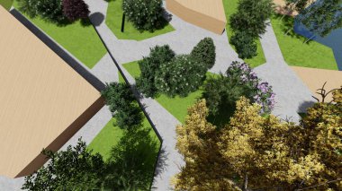 Memleketin peyzaj tasarımının 3 boyutlu görüntüsü. Bölgenin peyzajı. Birleşik peyzaj ve peyzaj çözümlerinin bilgisayar görselleştirmesi.