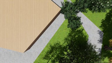 Memleketin peyzaj tasarımının 3 boyutlu görüntüsü. Bölgenin peyzajı. Birleşik peyzaj ve peyzaj çözümlerinin bilgisayar görselleştirmesi.