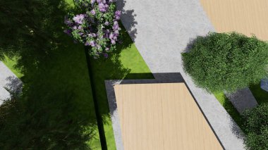 Memleketin peyzaj tasarımının 3 boyutlu görüntüsü. Bölgenin peyzajı. Birleşik peyzaj ve peyzaj çözümlerinin bilgisayar görselleştirmesi.