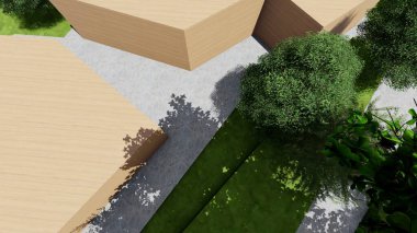 Memleketin peyzaj tasarımının 3 boyutlu görüntüsü. Bölgenin peyzajı. Birleşik peyzaj ve peyzaj çözümlerinin bilgisayar görselleştirmesi.