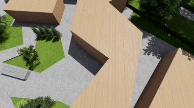 Memleketin peyzaj tasarımının 3 boyutlu görüntüsü. Bölgenin peyzajı. Birleşik peyzaj ve peyzaj çözümlerinin bilgisayar görselleştirmesi.