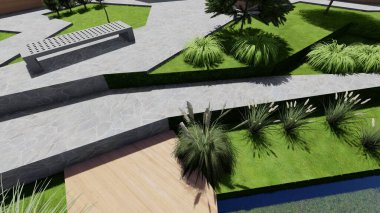 Memleketin peyzaj tasarımının 3 boyutlu görüntüsü. Bölgenin peyzajı. Birleşik peyzaj ve peyzaj çözümlerinin bilgisayar görselleştirmesi.