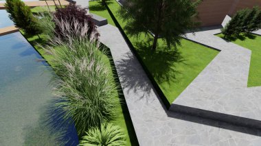 Memleketin peyzaj tasarımının 3 boyutlu görüntüsü. Bölgenin peyzajı. Birleşik peyzaj ve peyzaj çözümlerinin bilgisayar görselleştirmesi.