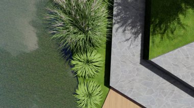 Memleketin peyzaj tasarımının 3 boyutlu görüntüsü. Bölgenin peyzajı. Birleşik peyzaj ve peyzaj çözümlerinin bilgisayar görselleştirmesi.